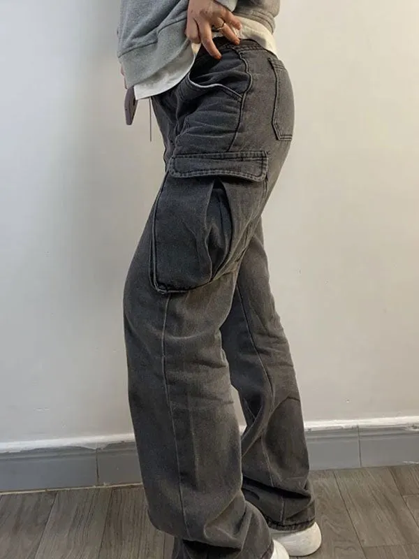 Wenkouban Mid-rise faded gray cargo jeans