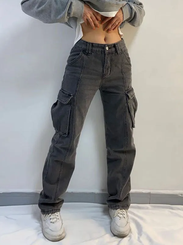 Wenkouban Mid-rise faded gray cargo jeans
