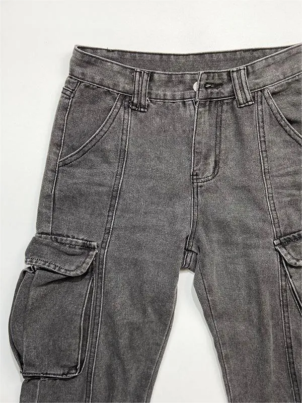 Wenkouban Mid-rise faded gray cargo jeans