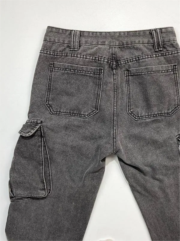 Wenkouban Mid-rise faded gray cargo jeans