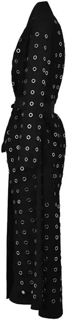 [Women Black Hollow Out Belted Long Trench V-Neck Long Sleeve Fashion Fall Street Trenchcoats