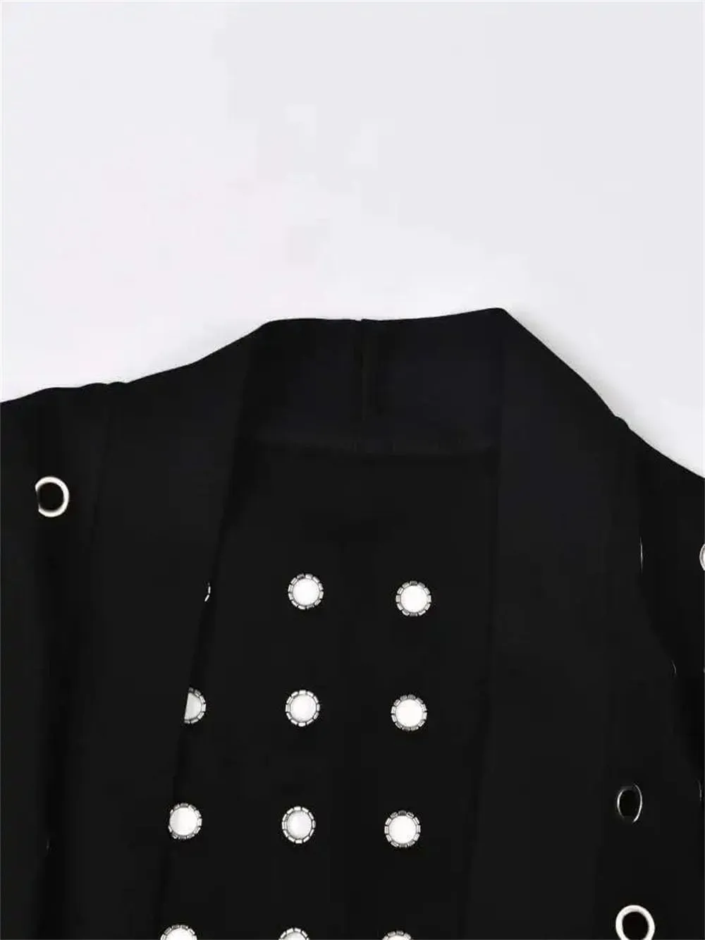 [Women Black Hollow Out Belted Long Trench V-Neck Long Sleeve Fashion Fall Street Trenchcoats
