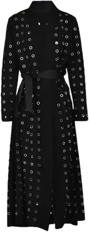 [Women Black Hollow Out Belted Long Trench V-Neck Long Sleeve Fashion Fall Street Trenchcoats