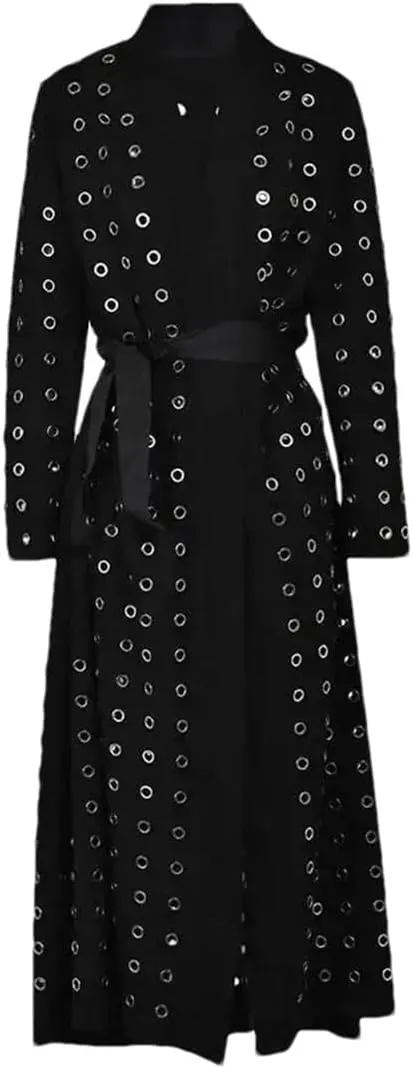 [Women Black Hollow Out Belted Long Trench V-Neck Long Sleeve Fashion Fall Street Trenchcoats