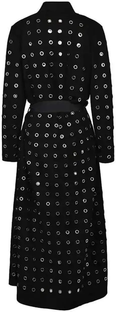 [Women Black Hollow Out Belted Long Trench V-Neck Long Sleeve Fashion Fall Street Trenchcoats