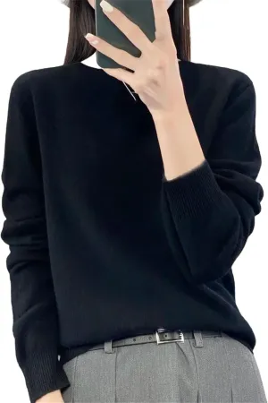 Women Merino Wool Knitted Sweater O-Neck Pullover Seamless Jumper Tops Cashmere Warm Clothes