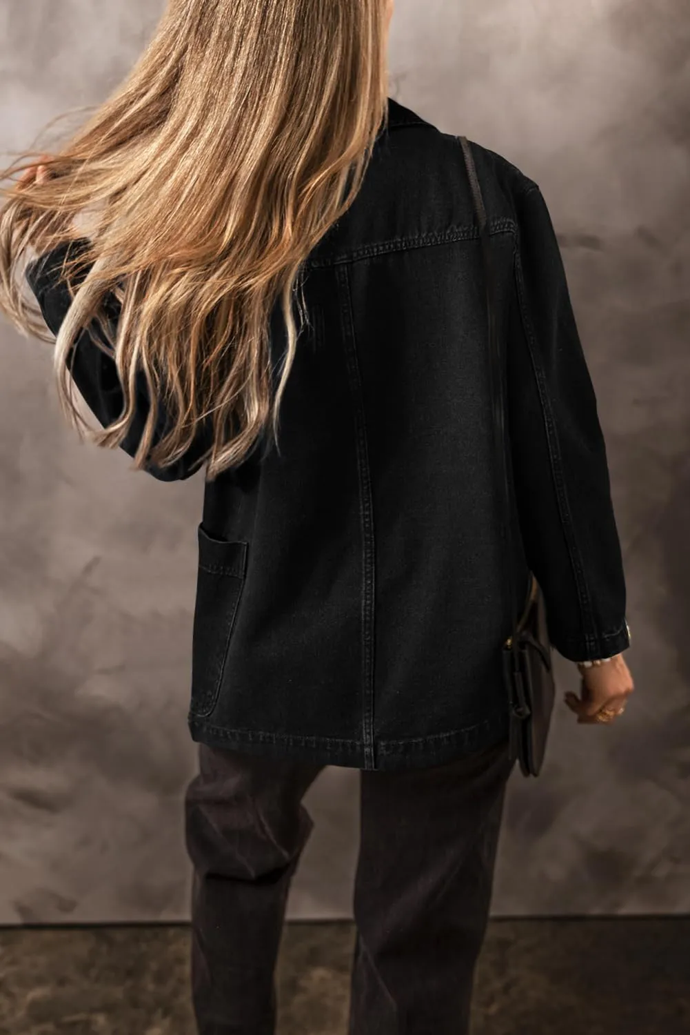 Women's Classic Black Denim Jacket with Lapel Collar and Side Pockets