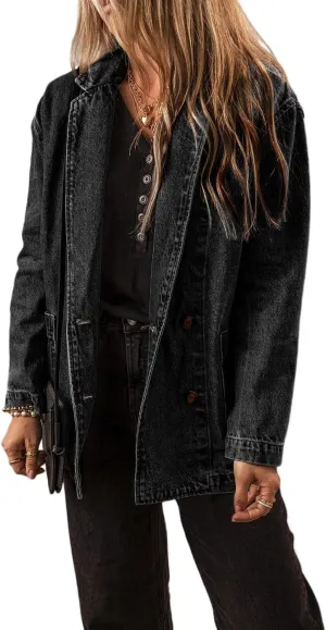 Women's Classic Black Denim Jacket with Lapel Collar and Side Pockets