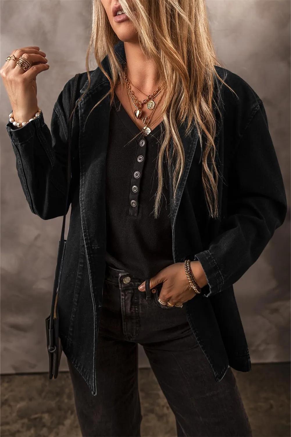Women's Classic Black Denim Jacket with Lapel Collar and Side Pockets