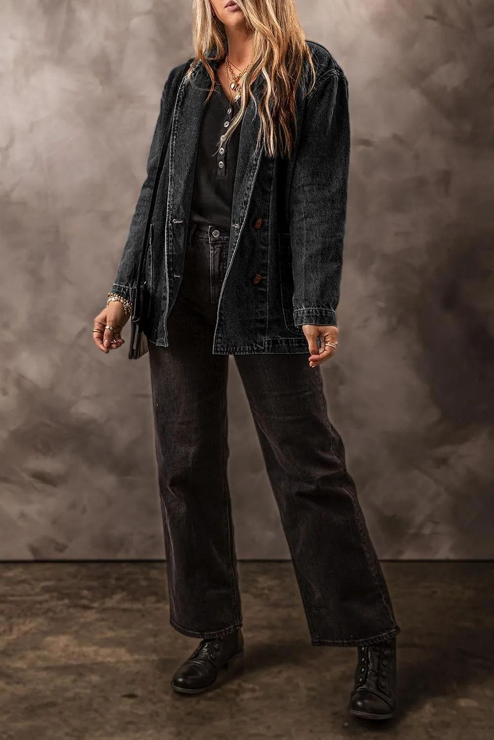 Women's Classic Black Denim Jacket with Lapel Collar and Side Pockets