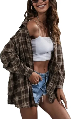 Womens Classic Plaid Shirt Long Sleeve Cotton Button Down Up Shirts Stylish Oversized Loose Fit Blouse V Neck Tops