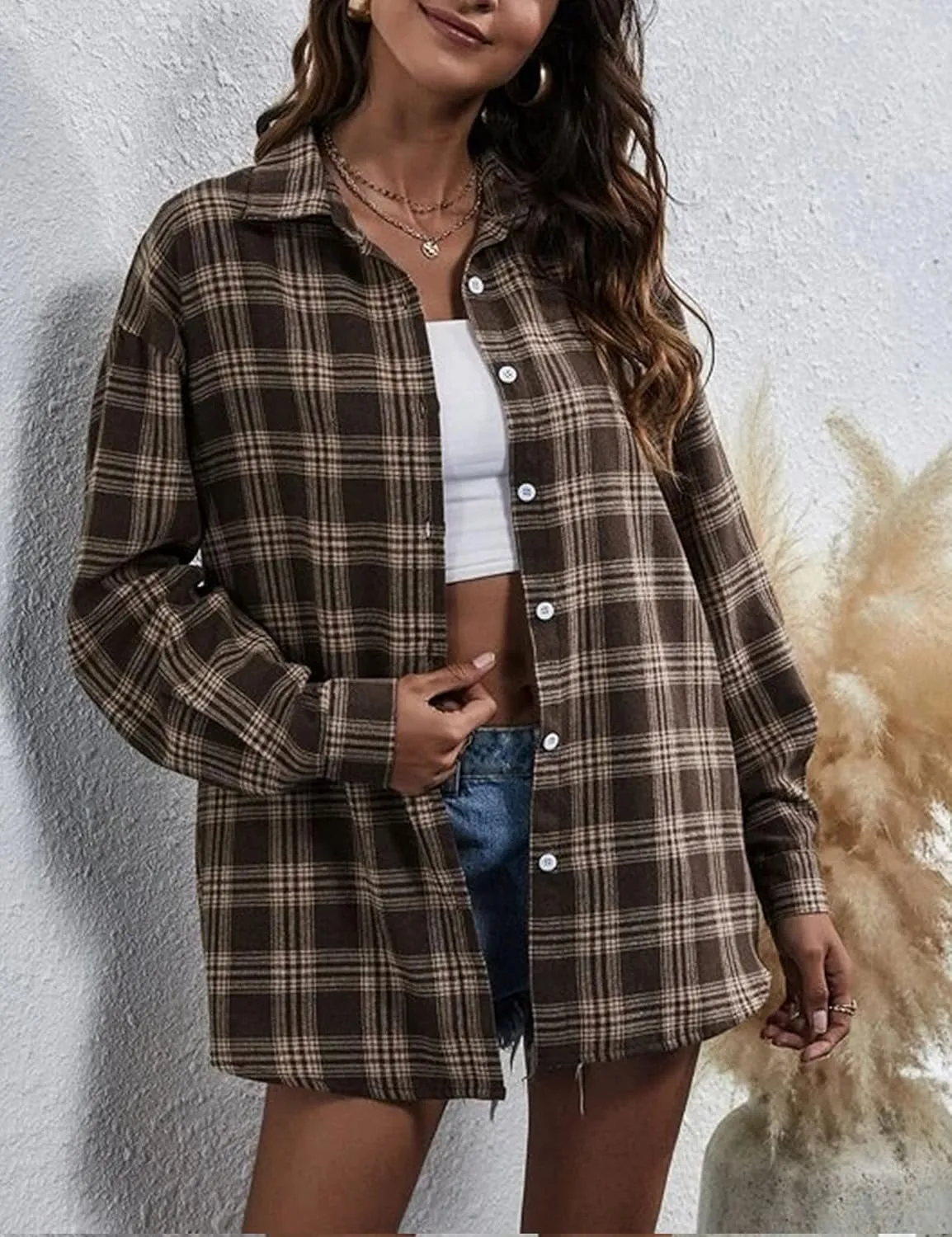Womens Classic Plaid Shirt Long Sleeve Cotton Button Down Up Shirts Stylish Oversized Loose Fit Blouse V Neck Tops