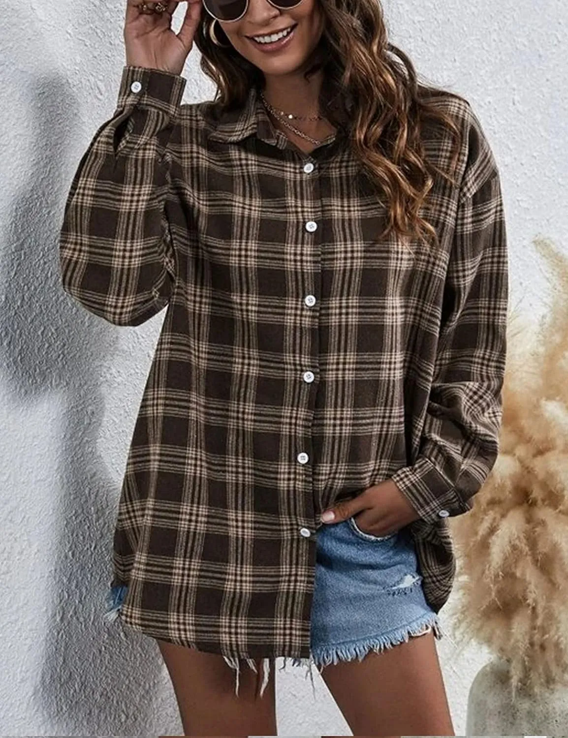 Womens Classic Plaid Shirt Long Sleeve Cotton Button Down Up Shirts Stylish Oversized Loose Fit Blouse V Neck Tops