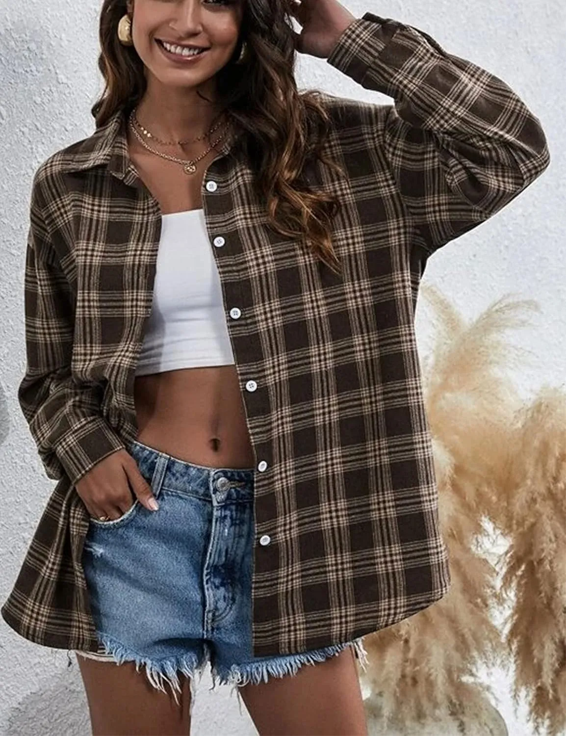 Womens Classic Plaid Shirt Long Sleeve Cotton Button Down Up Shirts Stylish Oversized Loose Fit Blouse V Neck Tops