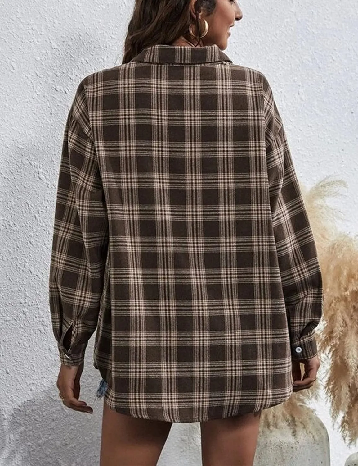 Womens Classic Plaid Shirt Long Sleeve Cotton Button Down Up Shirts Stylish Oversized Loose Fit Blouse V Neck Tops