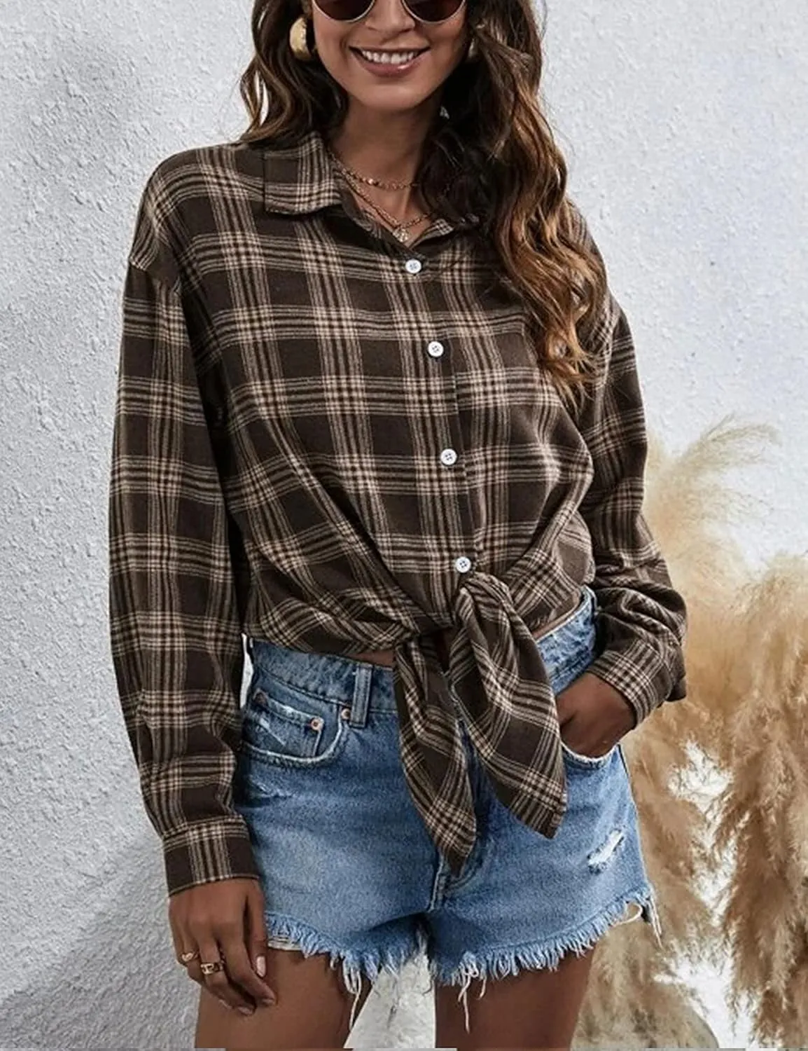 Womens Classic Plaid Shirt Long Sleeve Cotton Button Down Up Shirts Stylish Oversized Loose Fit Blouse V Neck Tops