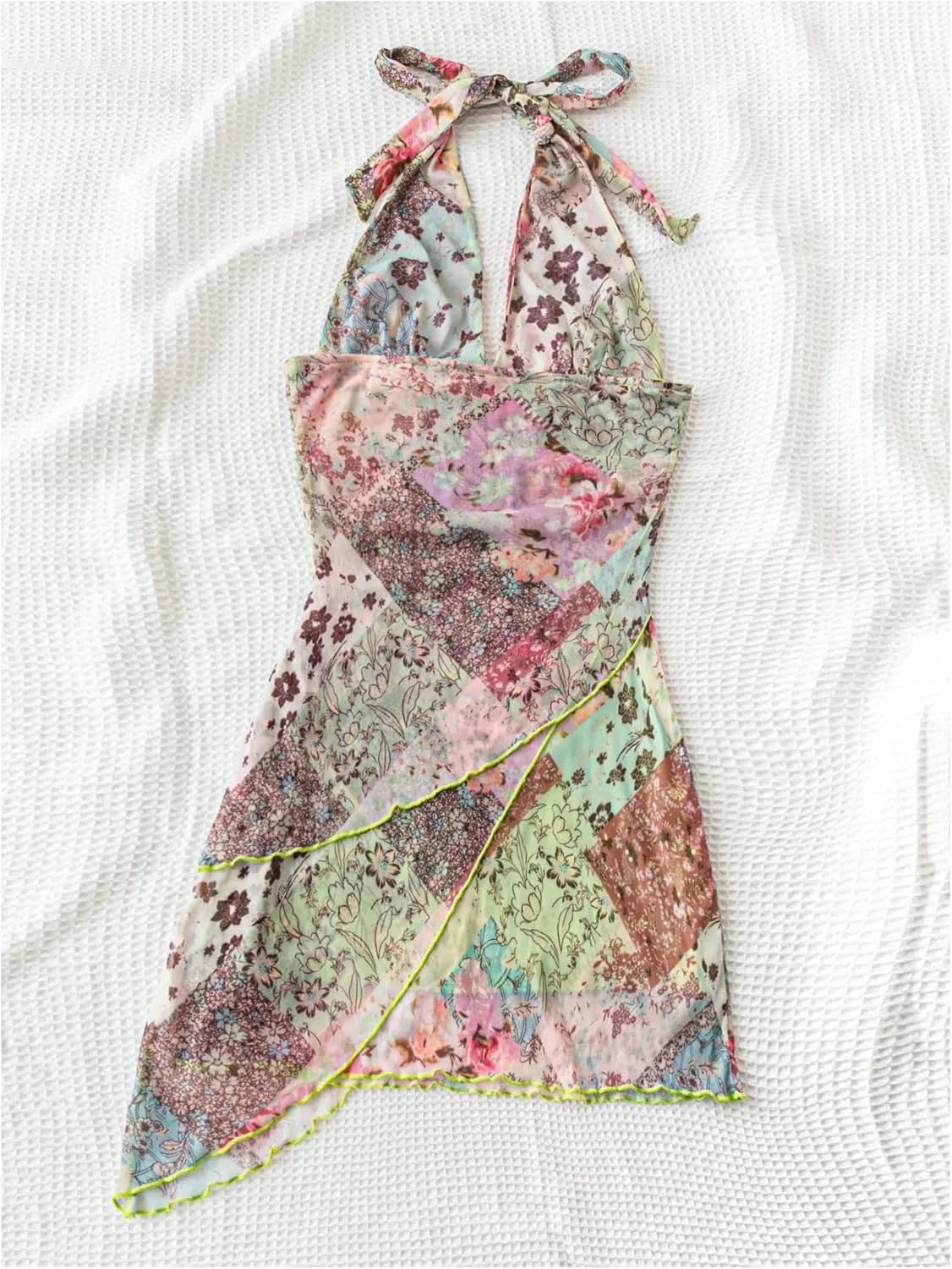 Women's Floral Print Sleeveless Halter Deep V Tie Mini Dress Ruched Backless Slim Fit Cami Dresses Knot Boho Dress