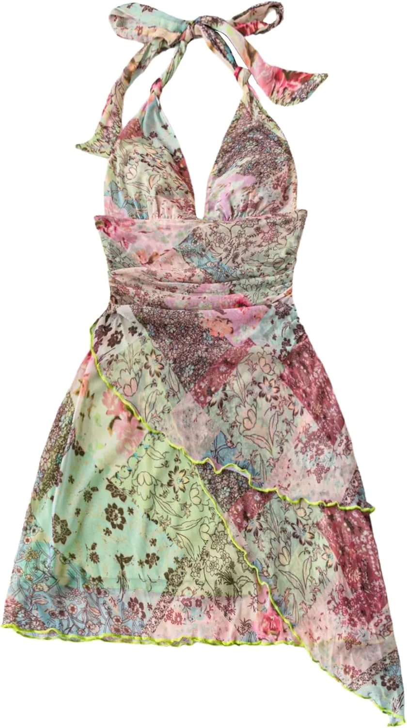 Women's Floral Print Sleeveless Halter Deep V Tie Mini Dress Ruched Backless Slim Fit Cami Dresses Knot Boho Dress
