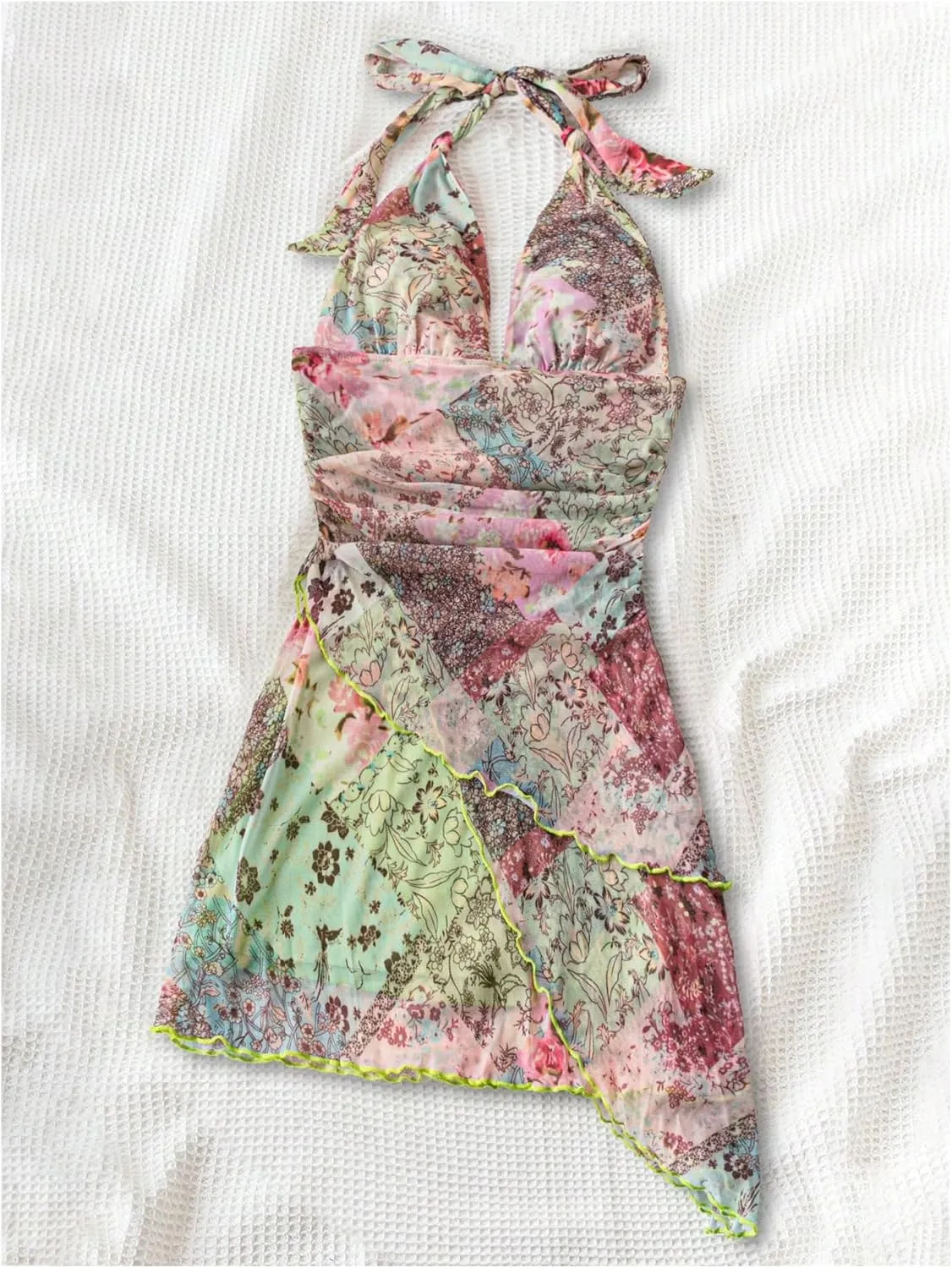 Women's Floral Print Sleeveless Halter Deep V Tie Mini Dress Ruched Backless Slim Fit Cami Dresses Knot Boho Dress