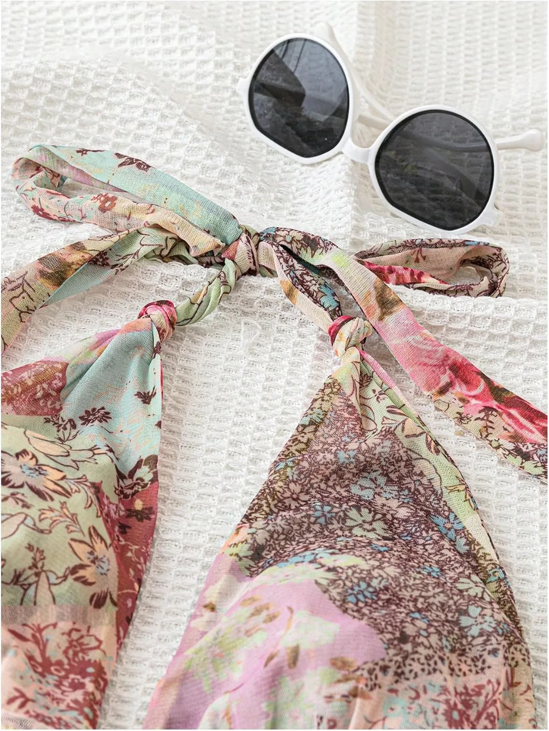 Women's Floral Print Sleeveless Halter Deep V Tie Mini Dress Ruched Backless Slim Fit Cami Dresses Knot Boho Dress