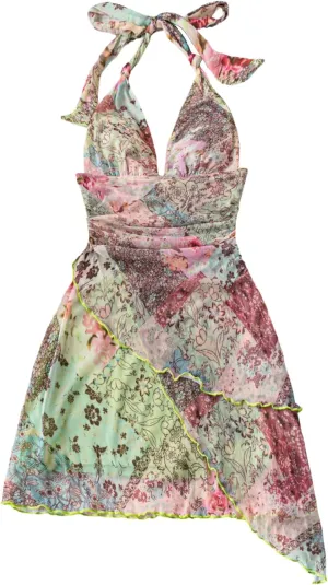 Women's Floral Print Sleeveless Halter Deep V Tie Mini Dress Ruched Backless Slim Fit Cami Dresses Knot Boho Dress