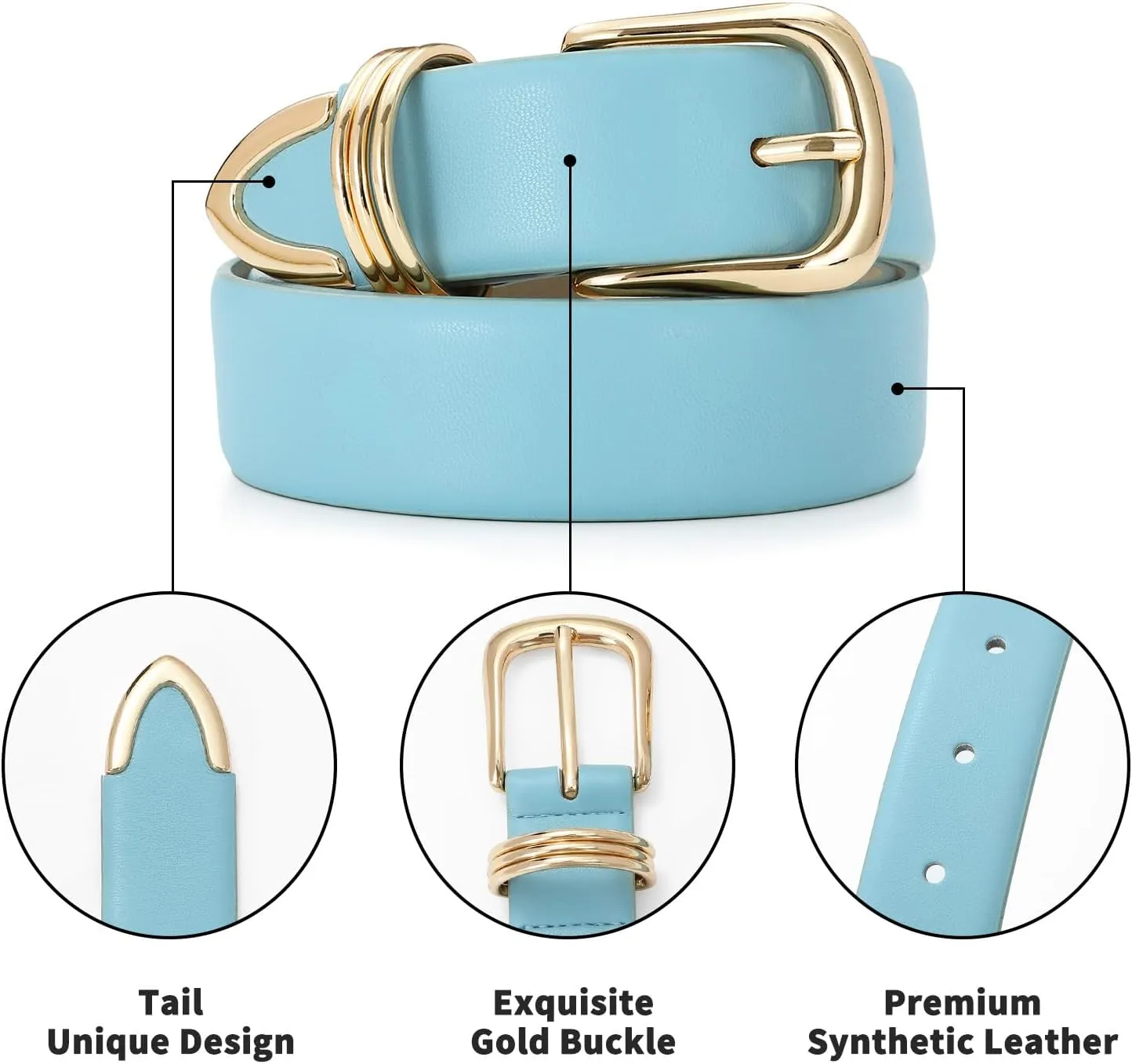 Women's Leather Belts with Gold Buckle Fashion Leather Waist Belt Elegant Ladies Belts for Jeans Dress & Casual Wear