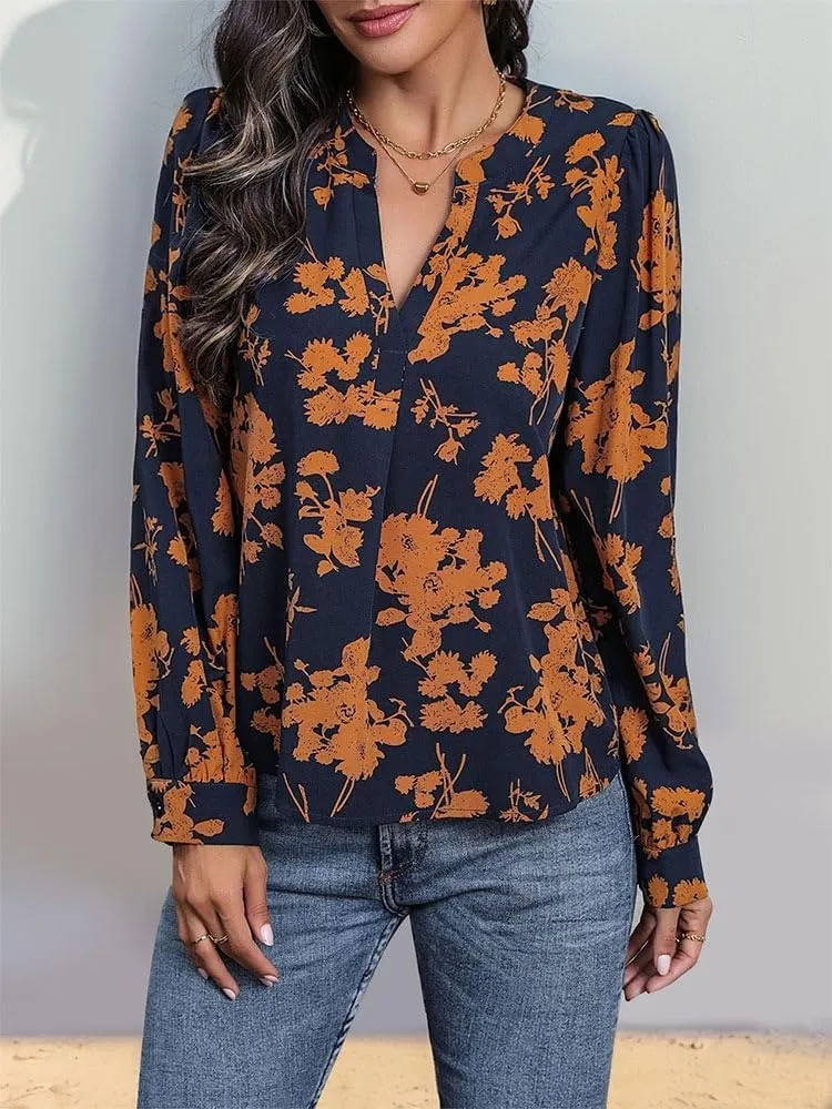 Women's Navy Blue and Orange Floral Print Long Sleeve V-Neck Blouse