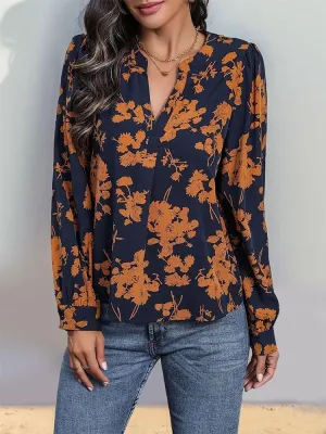 Women's Navy Blue and Orange Floral Print Long Sleeve V-Neck Blouse