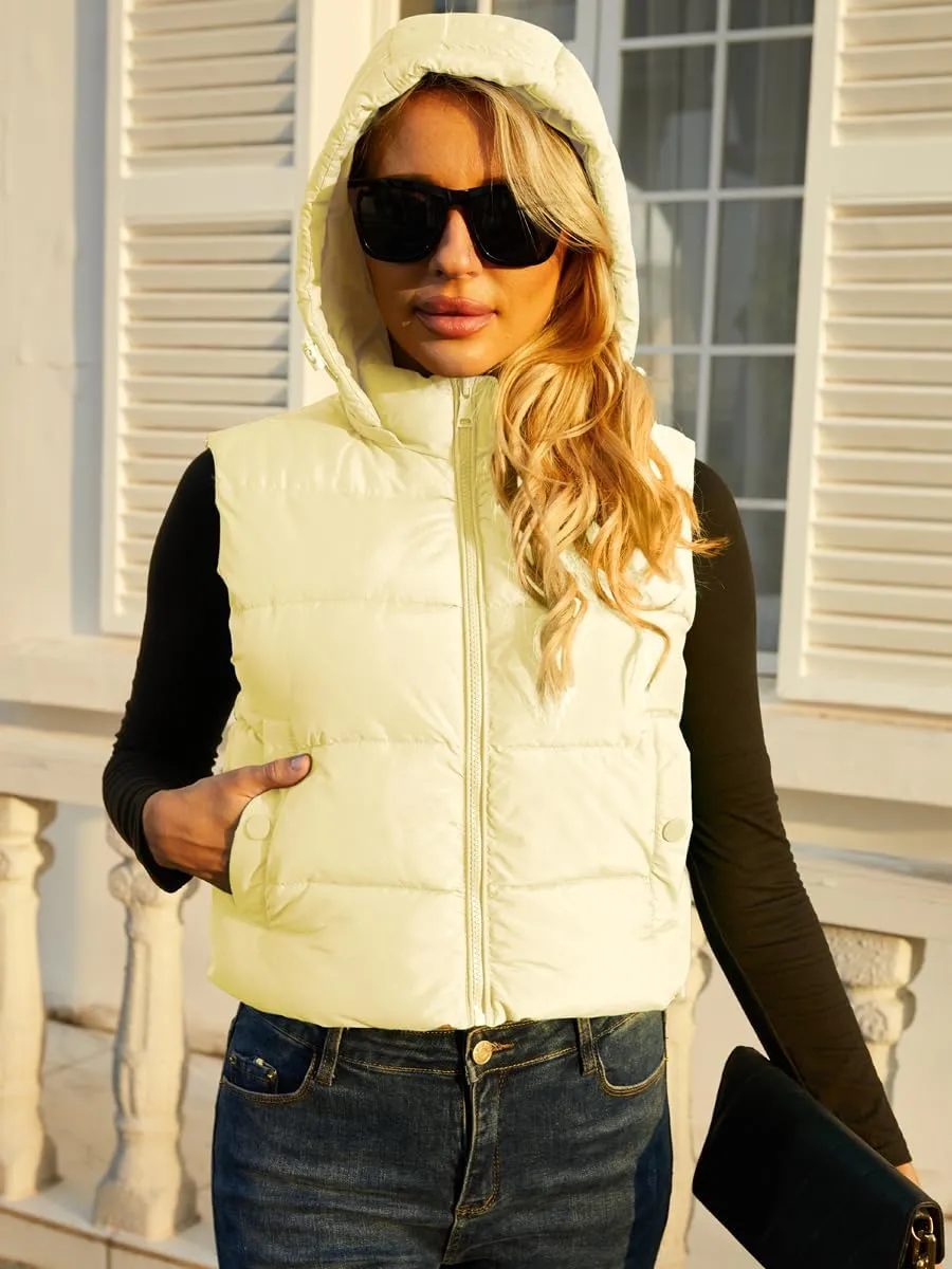 Women's Puffer Vest - Sleeveless Quilted Gilet with Detachable Hood or Crop, Lightweight Winter Vest