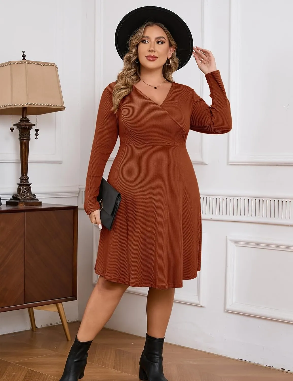 ZOMVA Plus Size Sweater Dress V Neck A-line Knee Length Dress Fall Winter Casual Ribbed Knit Long Sleeves