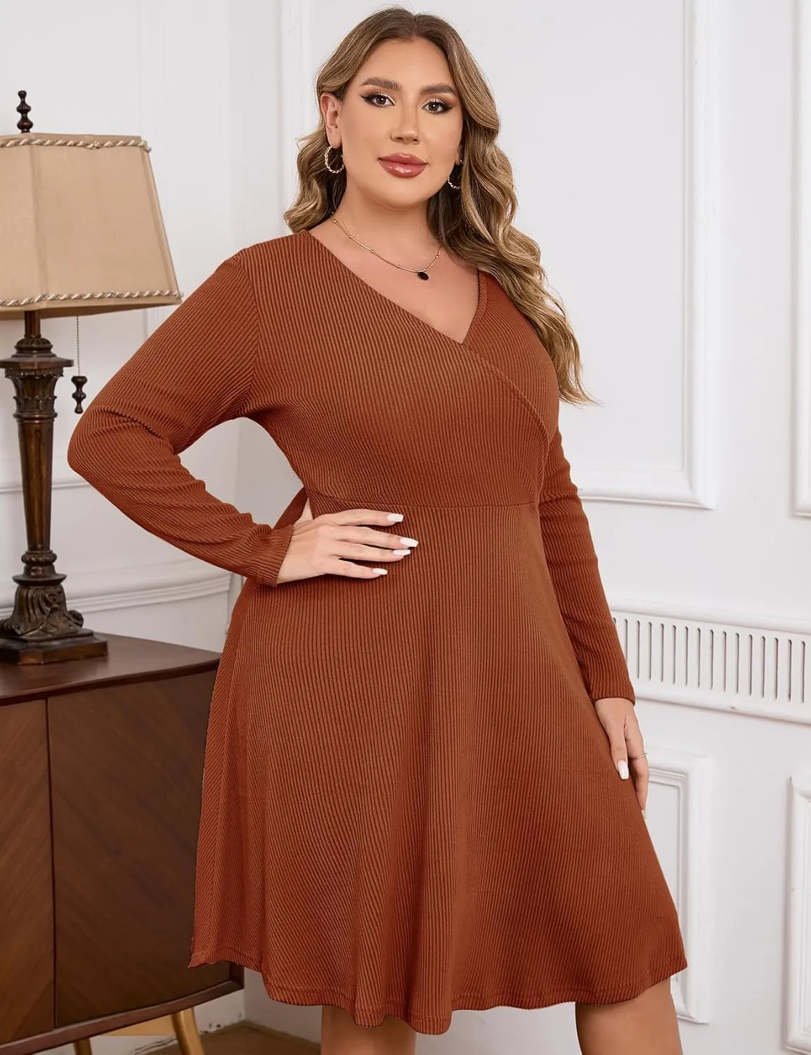 ZOMVA Plus Size Sweater Dress V Neck A-line Knee Length Dress Fall Winter Casual Ribbed Knit Long Sleeves