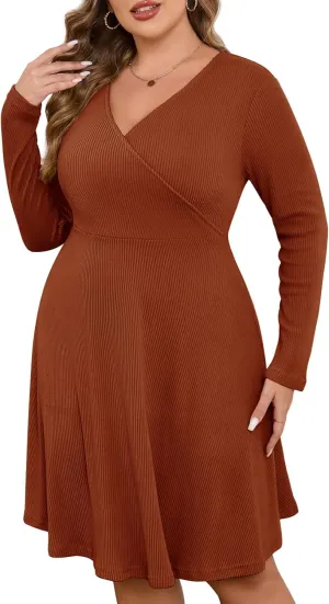 ZOMVA Plus Size Sweater Dress V Neck A-line Knee Length Dress Fall Winter Casual Ribbed Knit Long Sleeves
