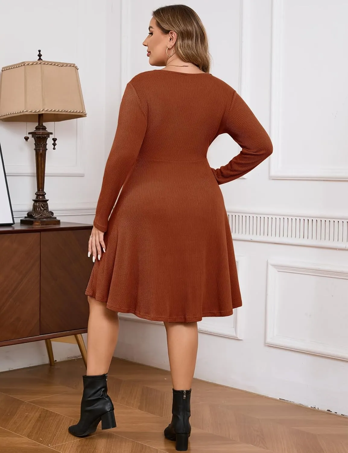 ZOMVA Plus Size Sweater Dress V Neck A-line Knee Length Dress Fall Winter Casual Ribbed Knit Long Sleeves